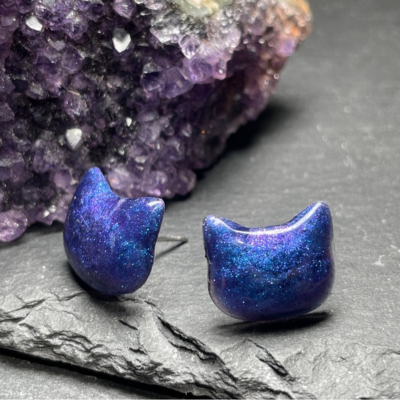 Custom Purple and Blue Sparkling Cat Hand Crafted Stud Post Earrings - Picture 4 of 10